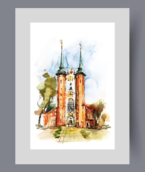 Building of orthodox church in Polish city of Gdansk on wall art. Watercolor artwork. Print with christian religious church in Gdansk under blue summer sky, in frame with decor for poster