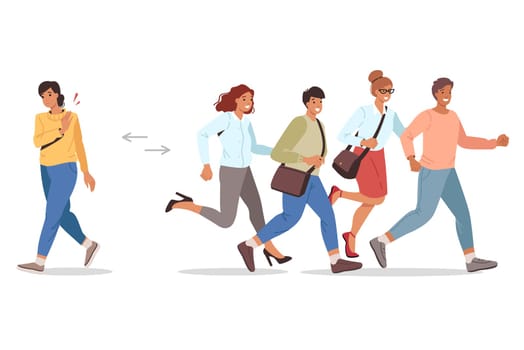 Woman has given up career race and wants to take different path from one imposed by society. Unambitious girl walks in opposite direction from running people, participants in career race.