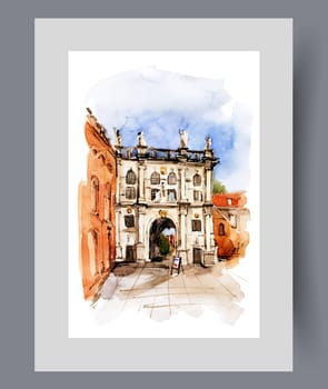 Beautiful architecture with building with arch for pedestrians in Polish city on wall art. Watercolor artwork. Print with architectural landmarks Gdansk under blue sky, in frame with decor for poster