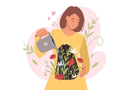 Woman demonstrates importance of self-love and care by watering flowers in own soul. Concept of self-love helps balance emotions and achieve psychological health or avoid long-term depression
