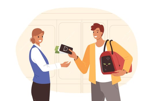 Man travels with pet and holds beloved cat in animals bag, handing tickets to happy woman ticket inspector. Traveling by public transport with pet, to visit veterinarian or meeting friends
