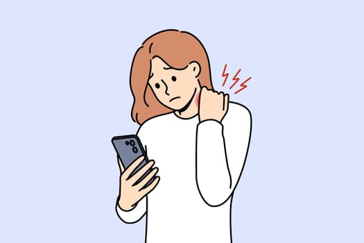 Woman feels pain in neck when using mobile phone, and needs to give up gadgets to cure disease. Neck pain appeared due to digital addiction or poor posture in girl holding smartphone in hand