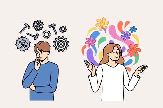 Pragmatic and creative thinking between two people using different ways of solving problems. Difference between man and woman thinking, for example guy with mechanism and girl with flowers above heads