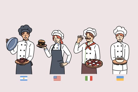 Group chefs from different countries demonstrate delicious national dishes, standing near flags. Chefs from Italy and Argentina or US and Ukraine participate in international professional competitions