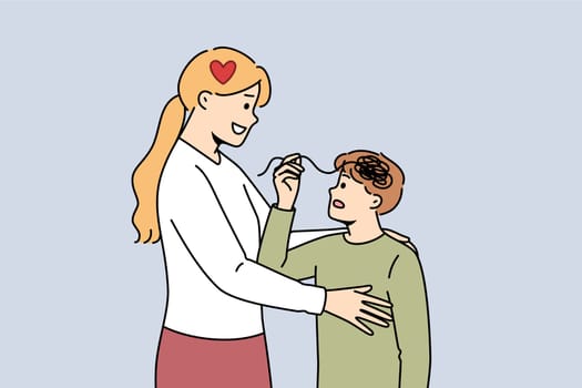 Motherly support from caring woman hugging unhappy boy with confused thoughts in head. Concept of importance of motherly support for raising healthy and promising person with successful future
