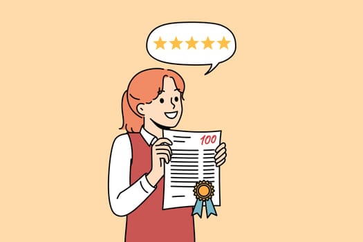 School girl received 100 points for educational test, for accelerated promotion to next grade. School girl demonstrates certificate of victory in olympiad and intellectual superiority over peers