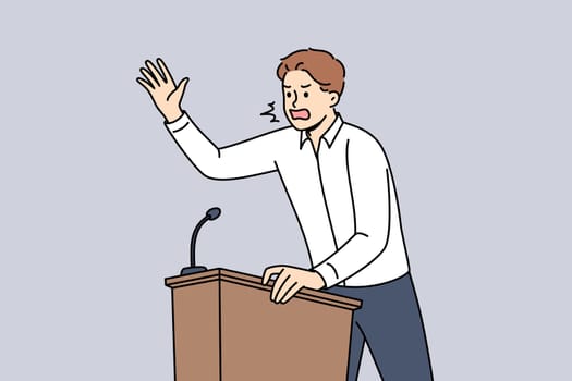 Fiery politician shouts into microphone, standing behind podium and expressing far-right ideas to improve people lives. Fierce left-wing politician insults opponents to win pre-election debate