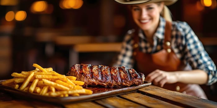 Girl in cowboy outfit serving steaks with fries. AI generative.