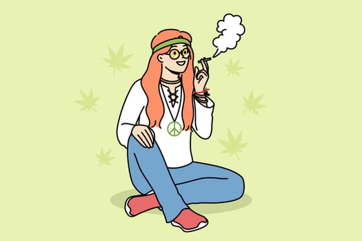 Hippie woman smokes cannabis sitting on summer lawn, enjoying participating in rastafarian community. Young hippie girl in casual clothes uses hashish and cannabis to relax and improve mood.
