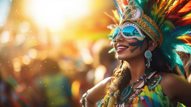 Mardi gras background with Brasil carnival bright dressed woman and copy space. AI Generated content