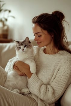 A woman in casual sits on the sofa, holding her cat and smiling at it. Ai generative.