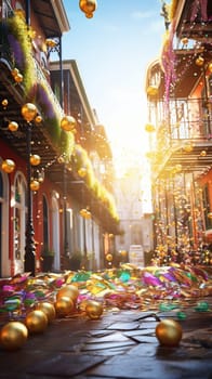 Confetti and Mardi Gras carnival decorations city street festival background. AI Generated content