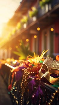 Confetti and Mardi Gras carnival decorations city street festival background. AI Generated content