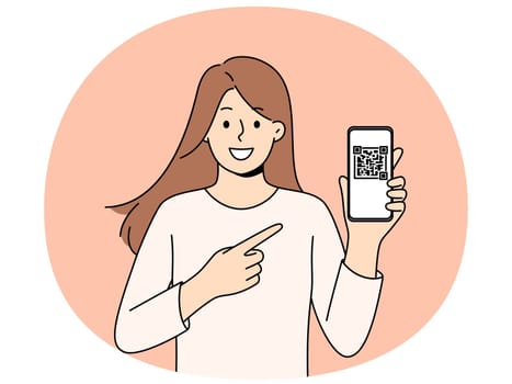 Woman holds phone demonstrating QR code for exchanging contacts or confirming online money transfer. Young long-haired girl with smartphone recommends using QR technology in mobile gadgets