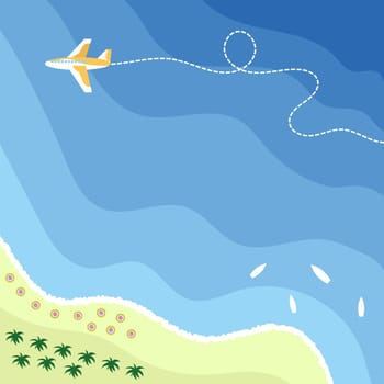 Tropical beach. Travel and vacation. Airplane line path icon. Air plane flight route with line trace. Recreation concept. Plane flight way.