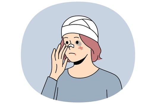 Beaten woman with bandage on head and wounds on face became victim of criminal or maniac. Beaten girl is stressed and needs medical and psychological support after being attacked by intruder