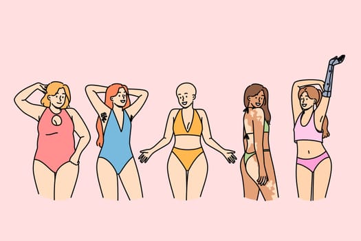 Variety women promote philosophy of body positivity while standing in underwear next to friends. Concept body positivity and lack of discrimination due to individual characteristics of figure and skin