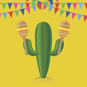 Vector green cactus with colorful musical maracas. Cinco de mayo symbol on yellow background.