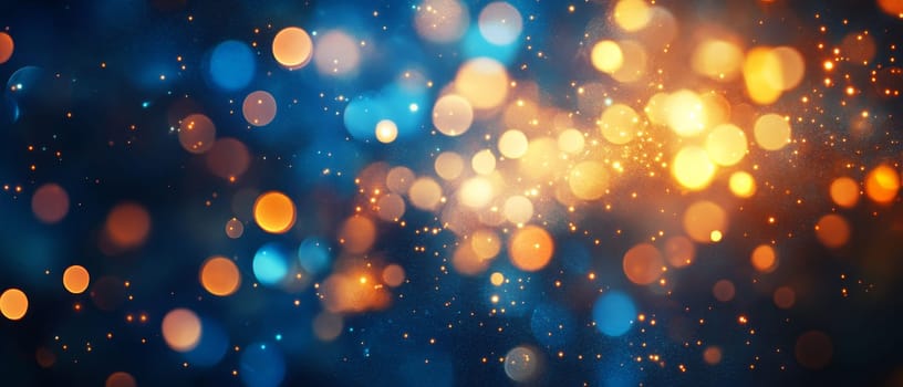 Enchanting bokeh light effect with golden and blue orbs against a dark background, creating a dreamy and festive atmosphere.