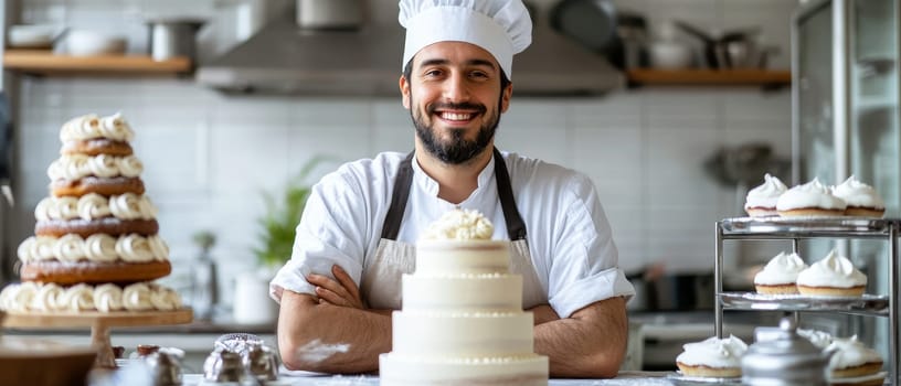 Cheerful male pastry chef in kitchen, proudly presenting a beautifully decorated tiered wedding cake, surrounded by various desserts and baking equipment.