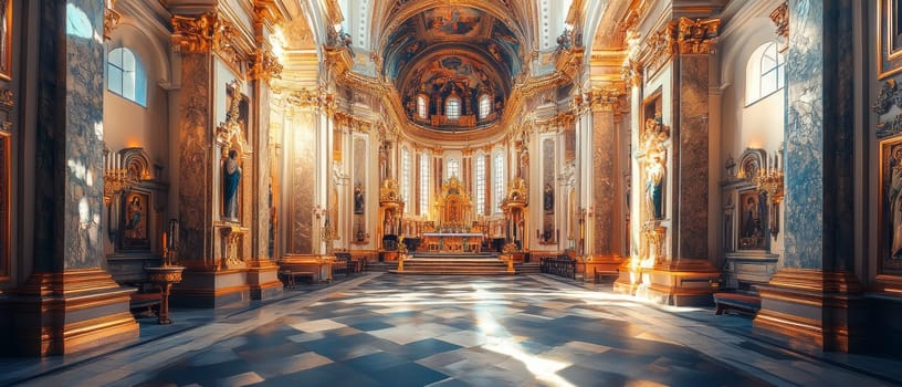 Stunning interior of a baroque cathedral with ornate gold decorations, marble columns, frescoed ceiling, and checkerboard floor, bathed in warm sunlight.