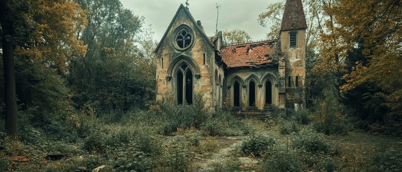 Dilapidated stone church with Gothic architecture surrounded by autumnal trees and overgrown vegetation, creating an eerie and melancholic atmosphere.