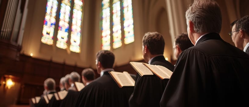 Male choir members in black robes singing in a church, illuminated by colorful stained glass windows, creating a solemn and spiritual atmosphere.