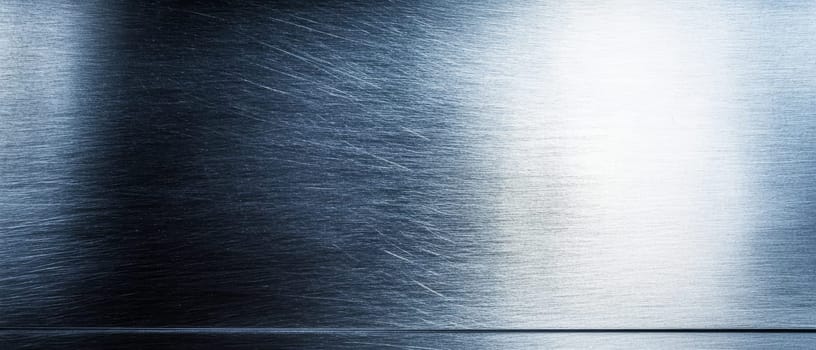 Scratched brushed metal surface with gradual transition from dark to light, showcasing industrial texture and copy space.