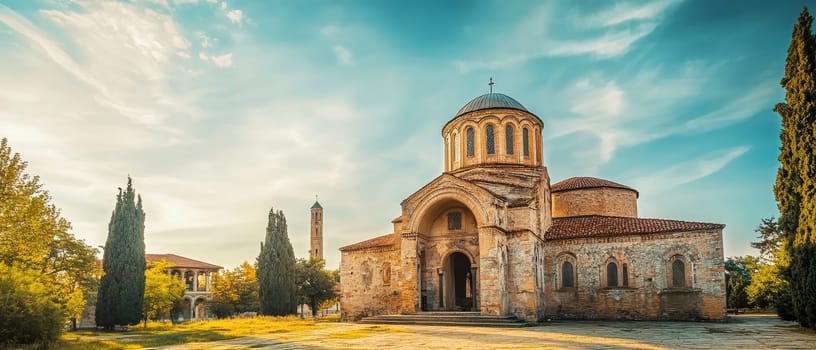 Picturesque Byzantine style church with domed roof and arched windows, surrounded by cypress trees and bathed in warm evening light.