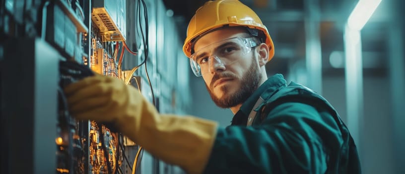 Male electrician in safety gear examining electronic circuit board in industrial environment, showcasing expertise in electrical engineering and maintenance.