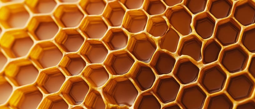 Macro view of a golden honeycomb structure with hexagonal cells, showcasing nature's perfect geometry in beeswax architecture.