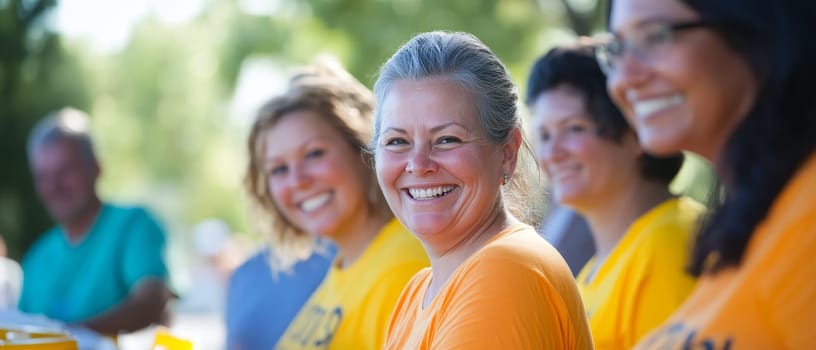 Cheerful multi ethnic group of adult volunteers wearing bright colored t shirts, gathered outdoors, representing community service and teamwork.