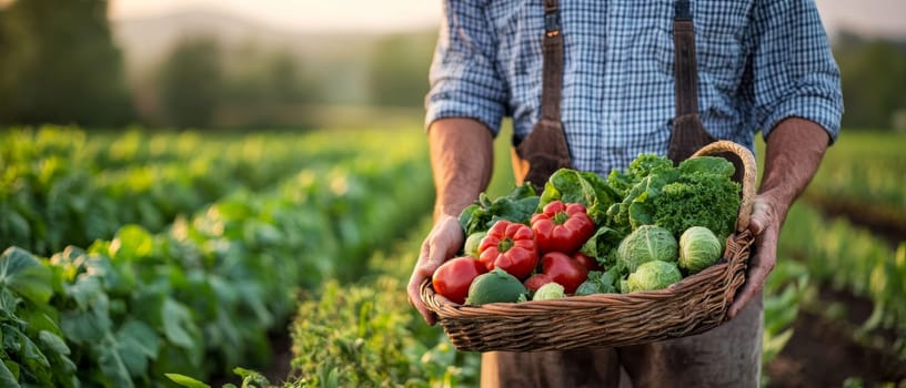 Farmer showcasing freshly harvested organic vegetables in wicker basket, standing in lush green field during golden hour, epitomizing sustainable agriculture.