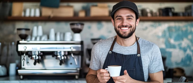 Smiling male barista in apron holding cup of coffee behind counter with espresso machine, embodying hospitality and artisanal coffee culture.
