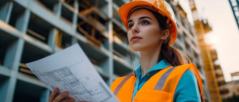 Young woman in safety gear examining architectural plans at building site, representing women in STEM and leadership in construction industry.