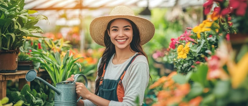 Young woman in sun hat and overalls watering colorful flowers in greenhouse, radiating happiness while tending to diverse plant life.