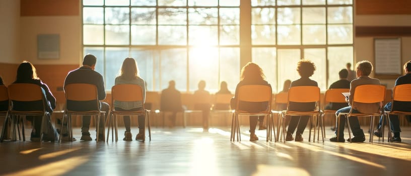 Silhouettes of people sitting in chairs during a group therapy or support meeting, backlit by warm sunlight streaming through large windows.