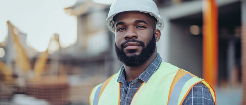 Portrait of a confident African American construction worker wearing a white hardhat and safety vest, standing at a building site with blurred background.