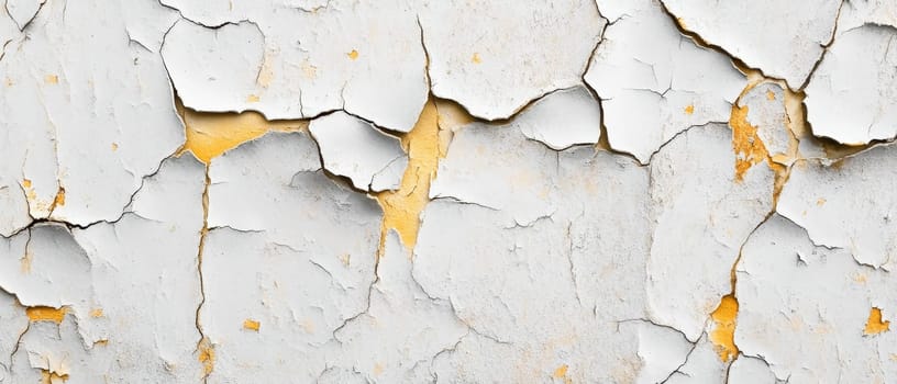 Close up of white paint peeling off a cracked wall, revealing yellow undertones, symbolizing decay and the passage of time in urban environments.