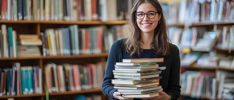 Young woman with glasses smiling while holding a stack of books in a library, surrounded by bookshelves, representing education and knowledge.