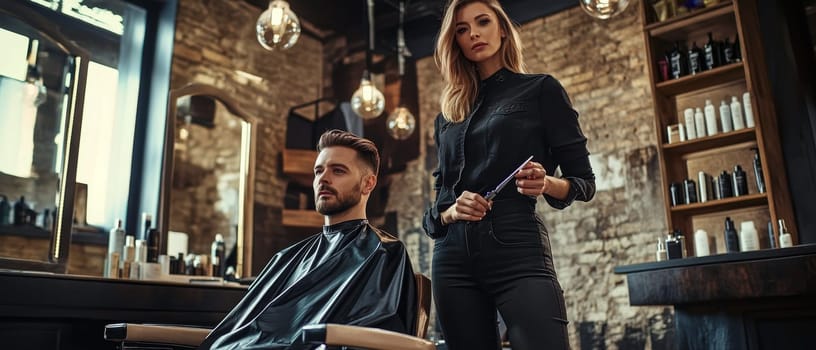 Female hairdresser in black outfit preparing to cut hair of male client in trendy barbershop interior with exposed brick walls and pendant lighting.