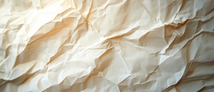 Close up of crumpled beige paper creating an abstract texture with light and shadows, perfect for backgrounds or creative design projects.