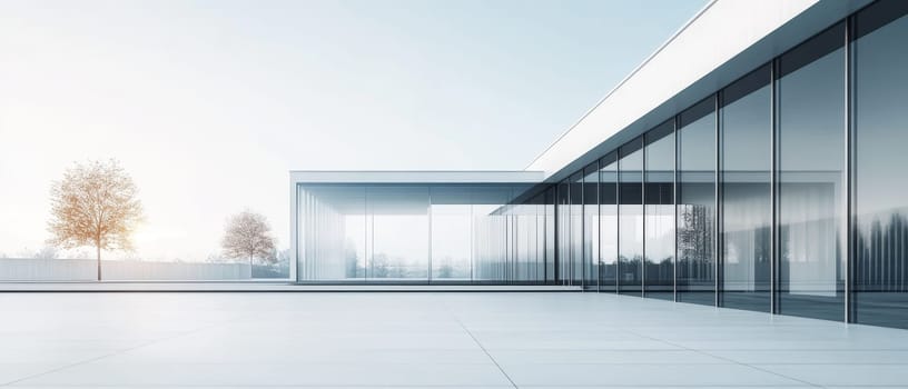Modern minimalist glass building exterior with clean lines and reflective surfaces, bathed in soft morning light, showcasing contemporary architectural design.
