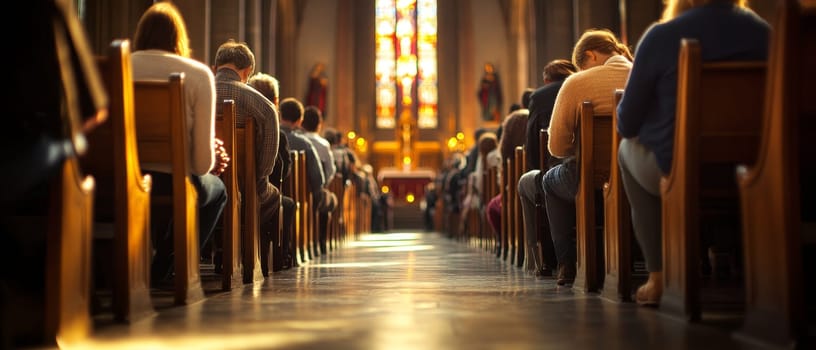 Rear view of diverse church congregation seated in wooden pews during prayer service, with stained glass windows illuminating the altar in warm light.