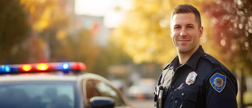 Portrait of a smiling male police officer in uniform standing next to his patrol car with flashing lights, representing law enforcement and community safety.