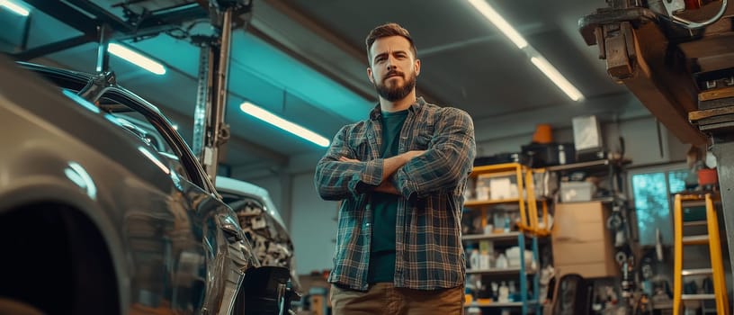 Bearded auto mechanic with crossed arms stands confidently in garage workshop, fluorescent lights overhead, car in background.