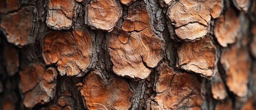Extreme close up of pine tree bark texture, showcasing intricate patterns, cracks, and warm brown tones, highlighting the beauty of natural wood surfaces.