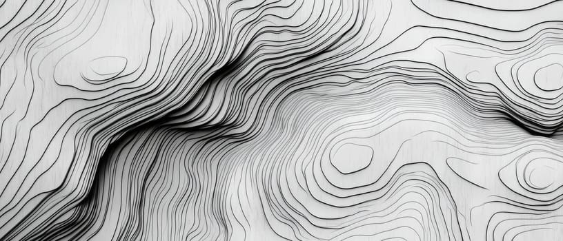 Black and white abstract pattern of topographic contour lines creating a dynamic 3D effect with undulating curves and layers.