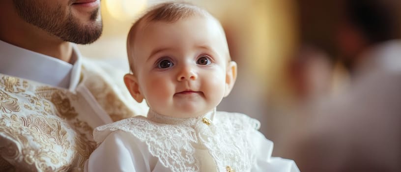 Charming baby in ornate white christening gown smiles at camera, held close to parent's embroidered attire, capturing a precious baptism moment.