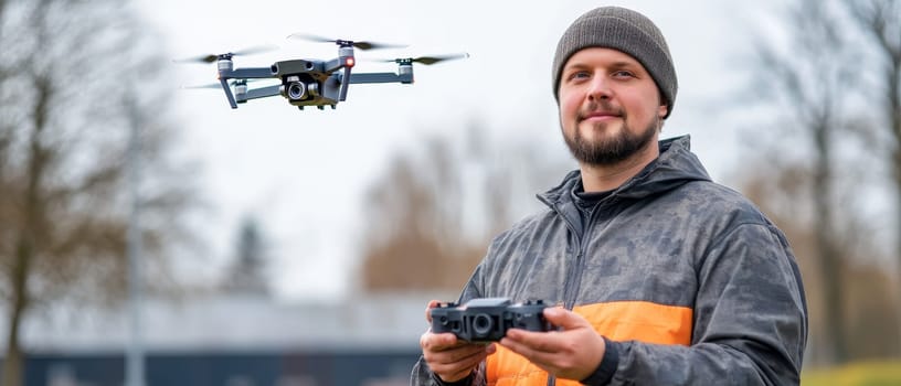 Man operating a drone in a snowy winter setting, wearing a grey beanie and jacket with orange stripe, holding a remote control with flying drone in foreground.
